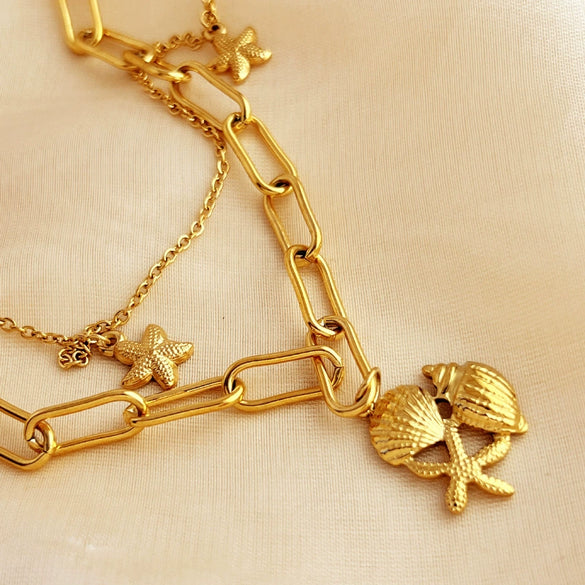 Wholesale Jewelry Vintage Natural Style U Shape Stainless Steel Ocean Pendant Necklace With 18K Gold Plated Shell Conch And Cross Chain