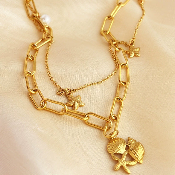 Wholesale Jewelry Vintage Natural Style U Shape Stainless Steel Ocean Pendant Necklace With 18K Gold Plated Shell Conch And Cross Chain