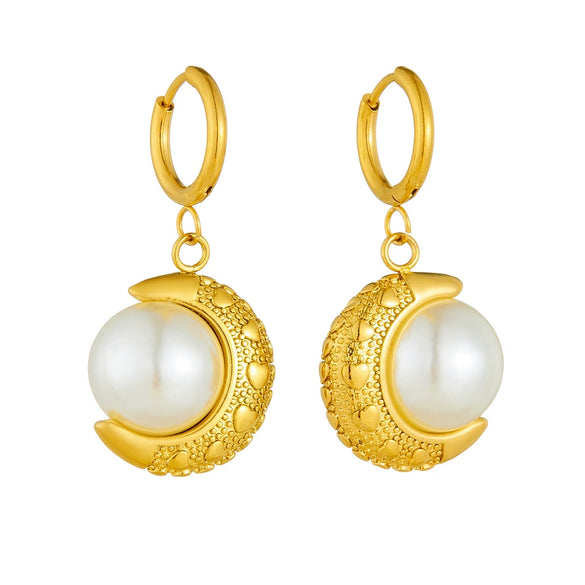 Wholesale Jewelry Vintage Natural Style U Shape Stainless Steel Pearl Moon Goldplated Pendant Earrings