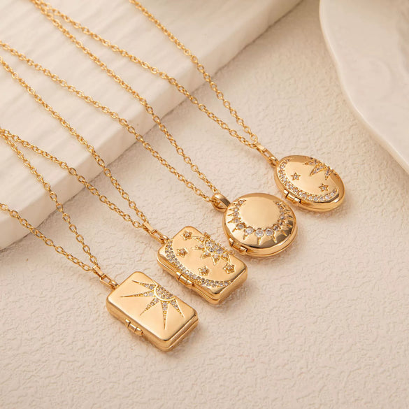 Wholesale Jewelry Vintage Star Pattern Copper Electroplated Sun Moon Shell Photo Album Photo Frame Necklace