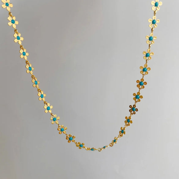 Wholesale Jewelry Vintage Style Beach Commute Flower Shell 304 Stainless Steel Crystal 18K Gold Plated Enamel Inlay Necklace