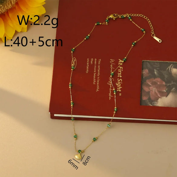 Wholesale Jewelry Vintage Style Beach Commute Flower Shell 304 Stainless Steel Crystal 18K Gold Plated Enamel Inlay Necklace