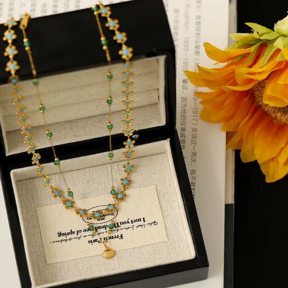 Wholesale Jewelry Vintage Style Beach Commute Flower Shell 304 Stainless Steel Crystal 18K Gold Plated Enamel Inlay Necklace