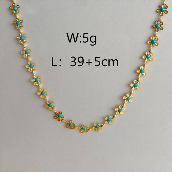 Wholesale Jewelry Vintage Style Beach Commute Flower Shell 304 Stainless Steel Crystal 18K Gold Plated Enamel Inlay Necklace