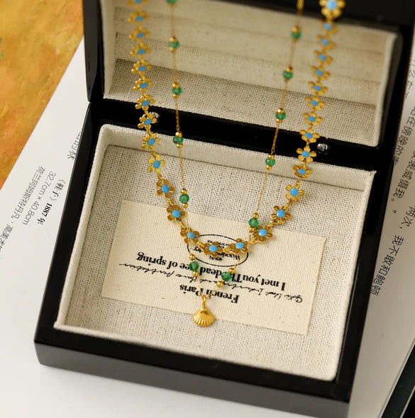 Wholesale Jewelry Vintage Style Beach Commute Flower Shell 304 Stainless Steel Crystal 18K Gold Plated Enamel Inlay Necklace