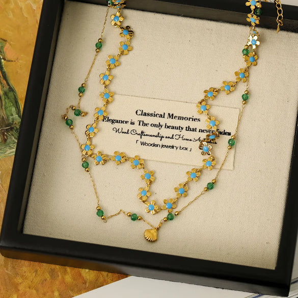 Wholesale Jewelry Vintage Style Beach Commute Flower Shell 304 Stainless Steel Crystal 18K Gold Plated Enamel Inlay Necklace