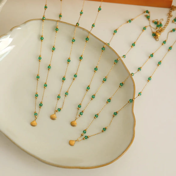 Wholesale Jewelry Vintage Style Beach Commute Flower Shell 304 Stainless Steel Crystal 18K Gold Plated Enamel Inlay Necklace