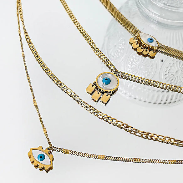 Wholesale Jewelry Vintage Style Classic Style Devil'S Eye 316L Stainless Steel  Shell 18K Gold Plated Plating Inlay Pendant Necklace