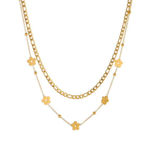 Wholesale Jewelry Vintage Style Flower 304 Stainless Steel 18K Gold Plated Double Layer Necklaces