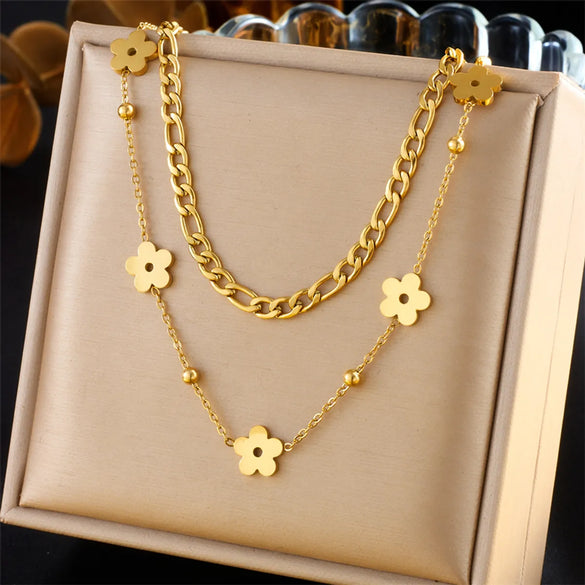 Wholesale Jewelry Vintage Style Flower 304 Stainless Steel 18K Gold Plated Double Layer Necklaces