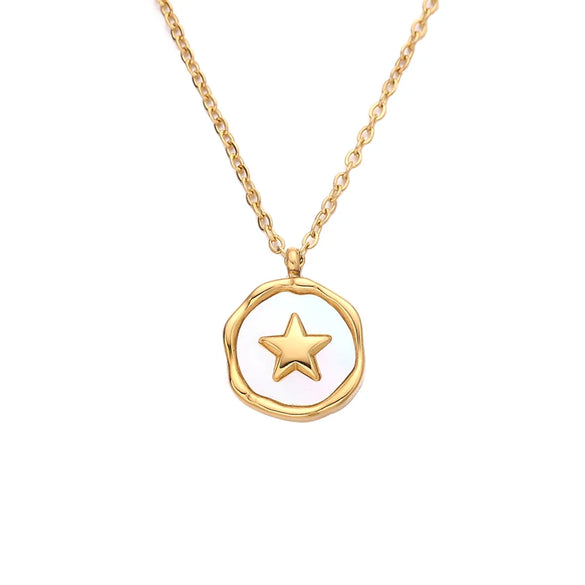 Wholesale Jewelry Vintage Style French Style Pentagram Round 304 Stainless Steel Shell 18K Gold Plated Inlay Pendant Necklace