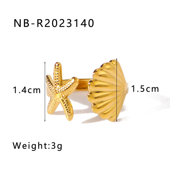 Wholesale Jewelry Vintage Style Modern Style Simple Style Starfish Shell 304 Stainless Steel 18K Gold Plated Plating Open Rings