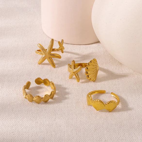 Wholesale Jewelry Vintage Style Modern Style Simple Style Starfish Shell 304 Stainless Steel 18K Gold Plated Plating Open Rings