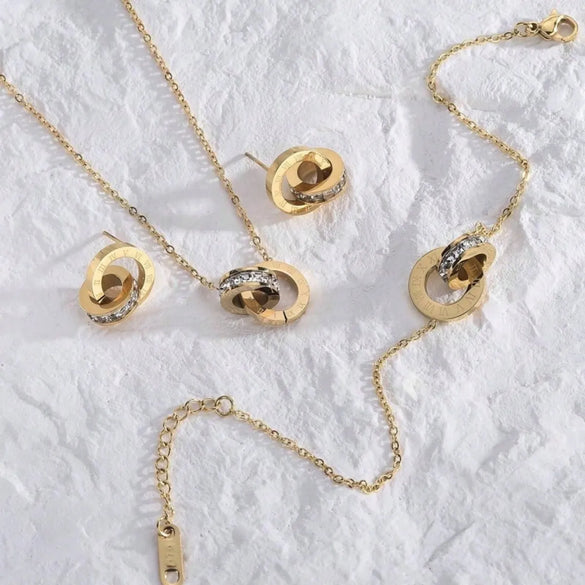 Wholesale Jewelry Vintage Style Simple Style Roman Style Roman Numeral 304 Stainless Steel Artificial Rhinestones 18K Gold Plated Jewelry Set