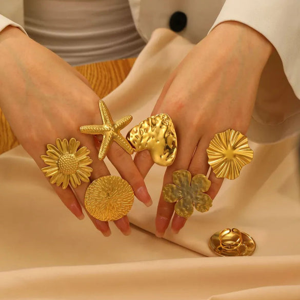 Wholesale Jewelry Vintage Style Simple Style Round Starfish Flower 304 Stainless Steel Open Rings