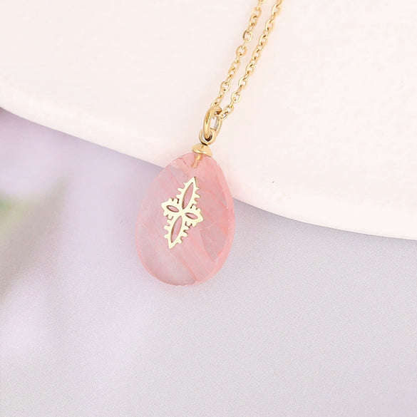 Wholesale Jewelry Water Drop Natural Stone Pendant Stainless Steel Necklace With Electroplating Cross Clavicle Chain