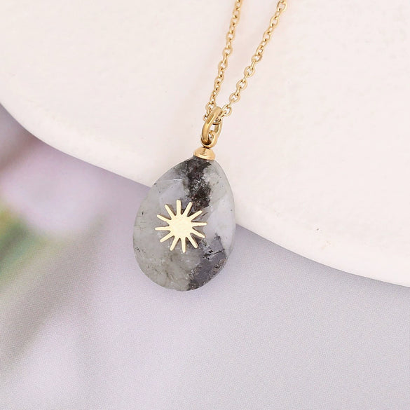 Wholesale Jewelry Water Drop Natural Stone Pendant Stainless Steel Necklace With Electroplating Cross Clavicle Chain