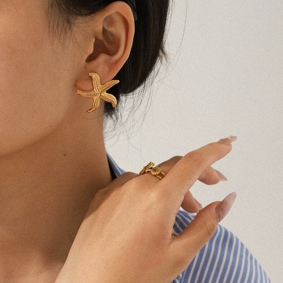Wholesale Jewelry Women's Geometric Star Pattern Stainless Steel Electroplated Shell And Starfish Earrings