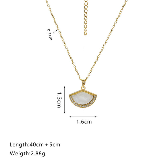 Wholesale Jewelry Women's Stainless Steel Geometric Fanshaped Motherofpearl Diamond Electroplated Necklace