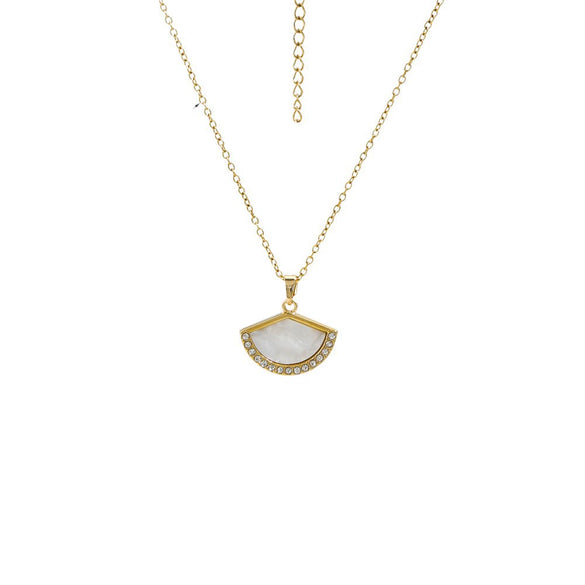 Wholesale Jewelry Women's Stainless Steel Geometric Fanshaped Motherofpearl Diamond Electroplated Necklace