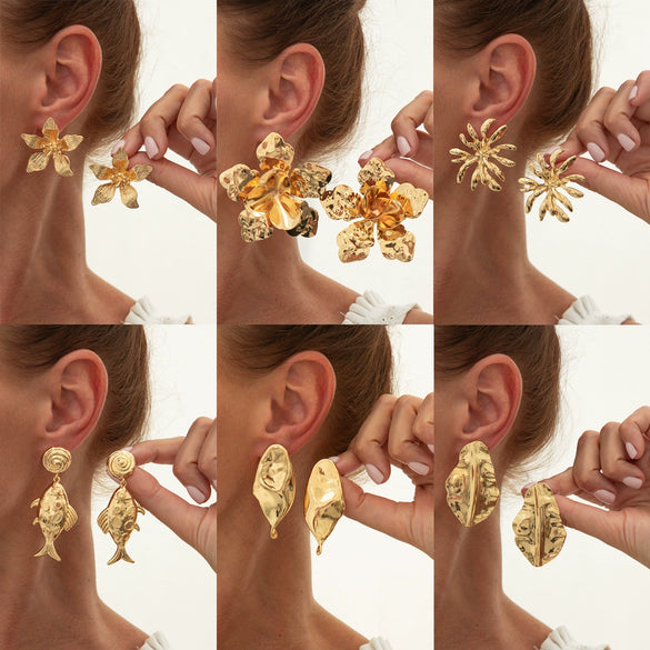 Wholesale Jewelry Zinc Alloy Geometric Metal Leaf Earrings With Electroplating And Ins Style
