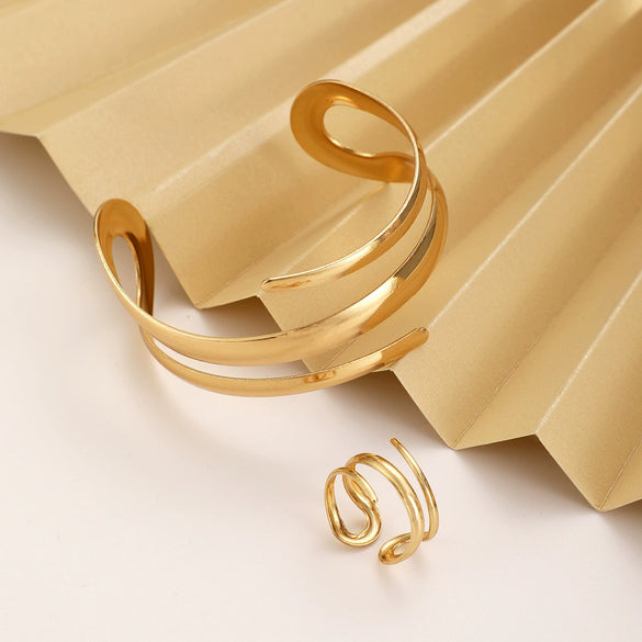 Wholesale Jewelry Zinc Alloy Geometric Personality Curved Hollow Water Drop Ring Bracelet Suit Electroplated