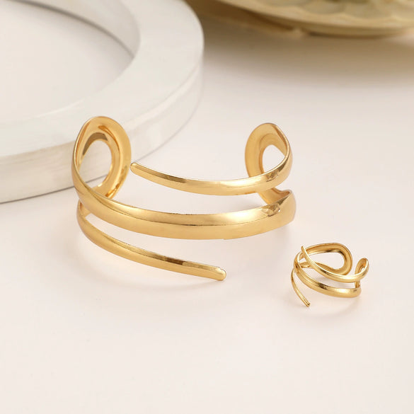 Wholesale Jewelry Zinc Alloy Geometric Personality Curved Hollow Water Drop Ring Bracelet Suit Electroplated