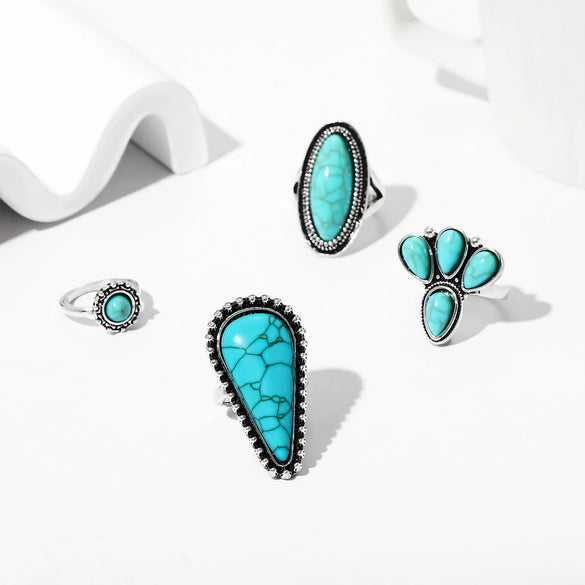 Wholesale Jewelry Zinc Alloy Geometric Petal Inlaid Turquoise Ring Set Of Four Electroplated For Women
