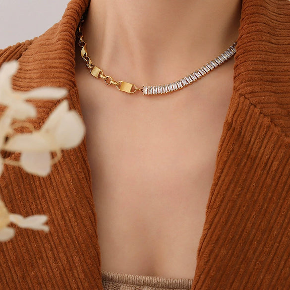 Wholesale Jewelry Zircon Chain Titanium Steel Electroplated Geometric Necklace And Bracelet Set For Women