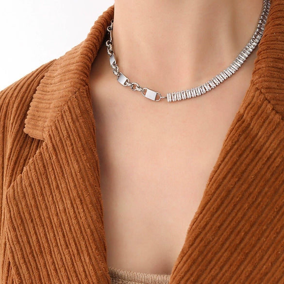 Wholesale Jewelry Zircon Chain Titanium Steel Electroplated Geometric Necklace And Bracelet Set For Women