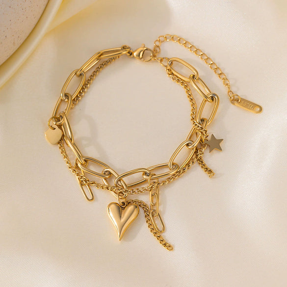 Wholesale 18K Electroplated Stainless Steel Doublelayer Bracelet With Stereo Love Star Pendant For Women