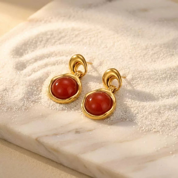 Wholesale 18K Gold Electroplated Stainless Steel Minimalist French Retro Style Natural Stone Inlaid Goldedged Earrings