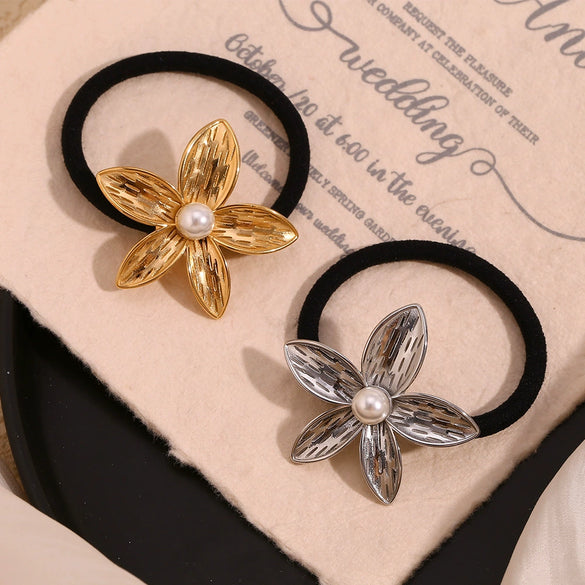 Wholesale 18K Gold Electroplated Stainless Steel Plumeria Imitation Pearl High Elasticity Hair Tie For Women