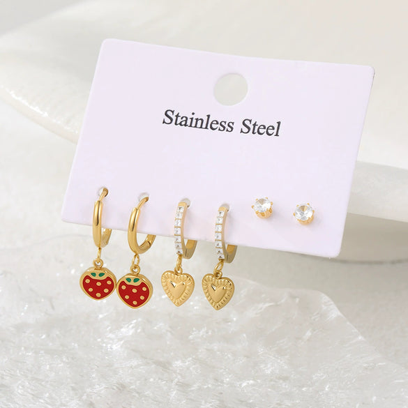 Wholesale 18K Gold Electroplated Strawberry Heartshaped Geometric Stainless Steel Earrings For Women