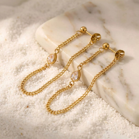 Wholesale 18K Gold Electroplated Water Drop Diamond Chain Earrings Made Of Titanium Steel And Stainless Steel In Niche Style