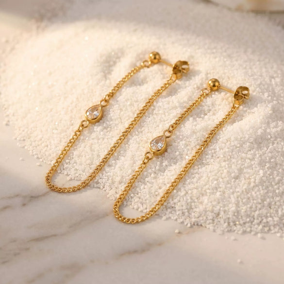 Wholesale 18K Gold Electroplated Water Drop Diamond Chain Earrings Made Of Titanium Steel And Stainless Steel In Niche Style