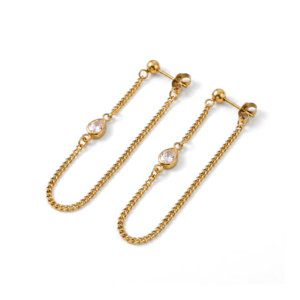 Wholesale 18K Gold Electroplated Water Drop Diamond Chain Earrings Made Of Titanium Steel And Stainless Steel In Niche Style