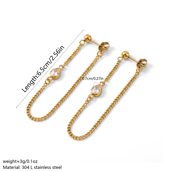 Wholesale 18K Gold Electroplated Water Drop Diamond Chain Earrings Made Of Titanium Steel And Stainless Steel In Niche Style