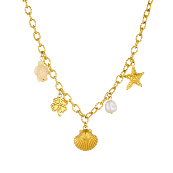 Wholesale 18K Gold Plated Animals Zodiac Shell Starfish Pendant Stainless Steel O Word Chain Necklace For Women