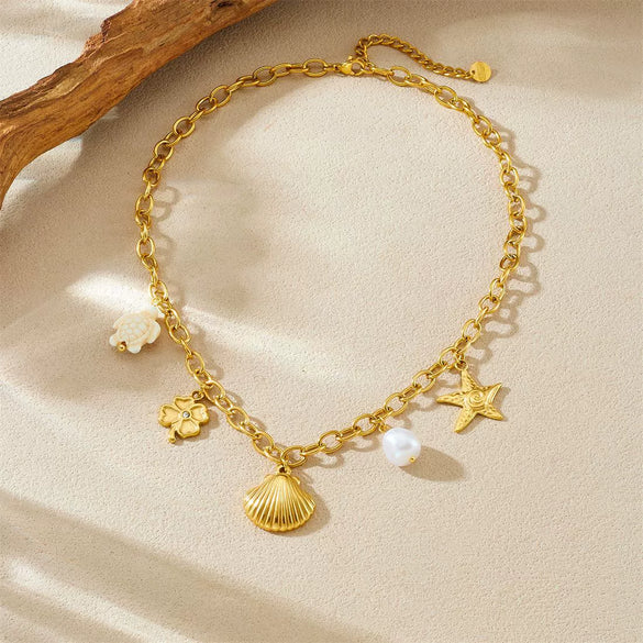 Wholesale 18K Gold Plated Animals Zodiac Shell Starfish Pendant Stainless Steel O Word Chain Necklace For Women