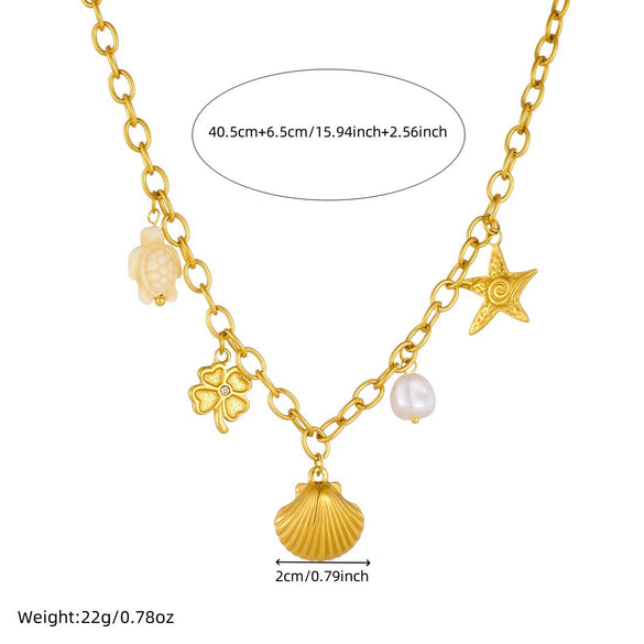 Wholesale 18K Gold Plated Animals Zodiac Shell Starfish Pendant Stainless Steel O Word Chain Necklace For Women