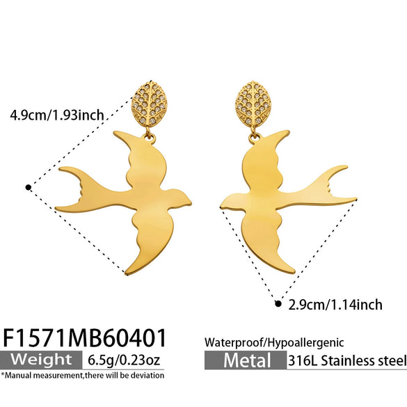 Wholesale 18K Gold Plated 316L Stainless Steel Geometric Swallow Leaf Earrings With Zircon Inlay For Women