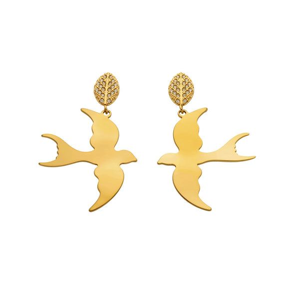 Wholesale 18K Gold Plated 316L Stainless Steel Geometric Swallow Leaf Earrings With Zircon Inlay For Women