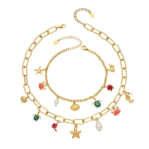 Wholesale 18K Gold Plated 316L Stainless Steel Ocean Element Necklace And Anklet Set For Women Light Luxury Style