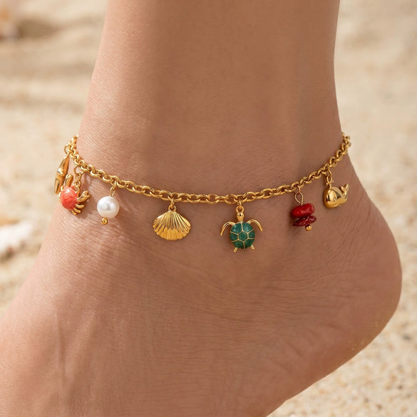 Wholesale 18K Gold Plated 316L Stainless Steel Ocean Element Necklace And Anklet Set For Women Light Luxury Style
