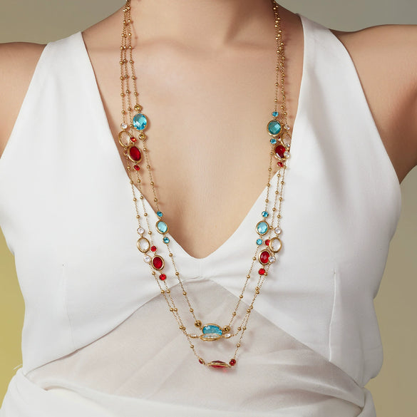 Wholesale 18K Gold Plated Stainless Steel And Glass Cross Clip Bead Chain Oval Edge Faceted Stone Jewelry Set For Women