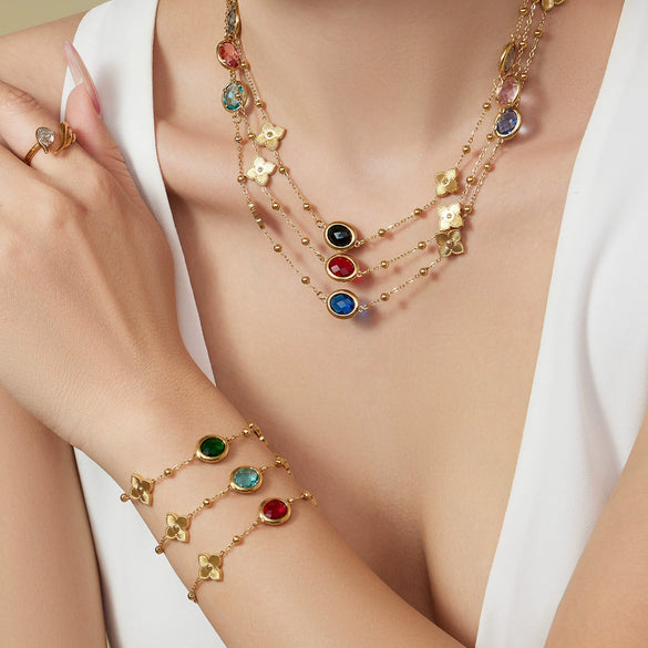 Wholesale 18K Gold Plated Stainless Steel And Glass Cross Clip Bead Chain Oval Edge Faceted Stone Jewelry Set For Women