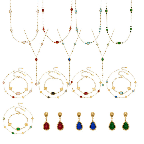 Wholesale 18K Gold Plated Stainless Steel And Glass Cross Clip Bead Chain Oval Edge Faceted Stone Jewelry Set For Women