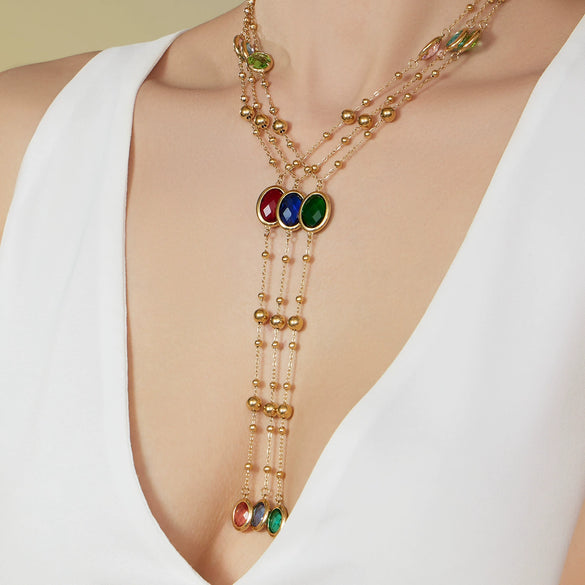 Wholesale 18K Gold Plated Stainless Steel And Glass Cross Clip Bead Chain Oval Edge Faceted Stone Jewelry Set For Women