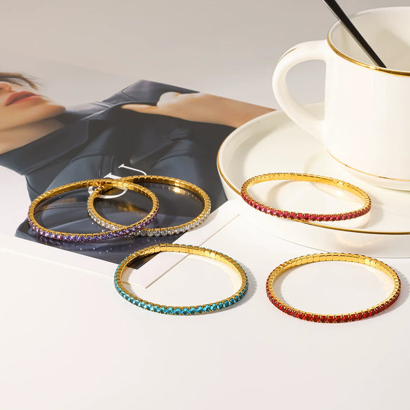 Wholesale 18K Gold Plated Stainless Steel Elastic Bracelet With Colorful Zircon Light Luxury Niche Jewelry